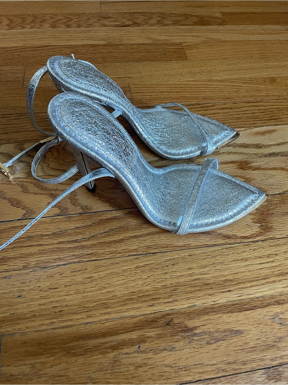 Good American Silver Glitter Pointed Ankle-Strap Heels with Gold Toe Accent